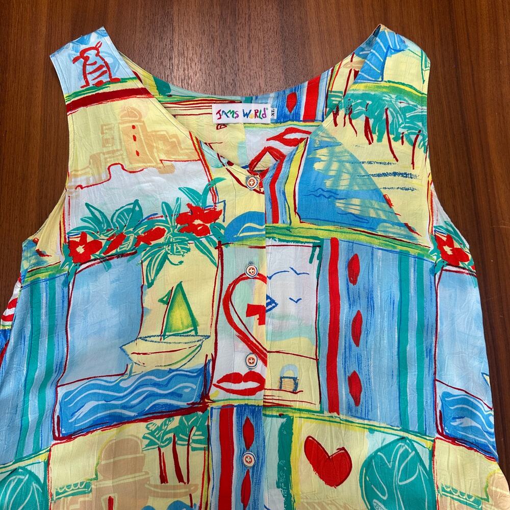 Jams world Colorful Button Front Sleeveless Midi Beachy Dress, Art to Wear, XL - Picture 3 of 12